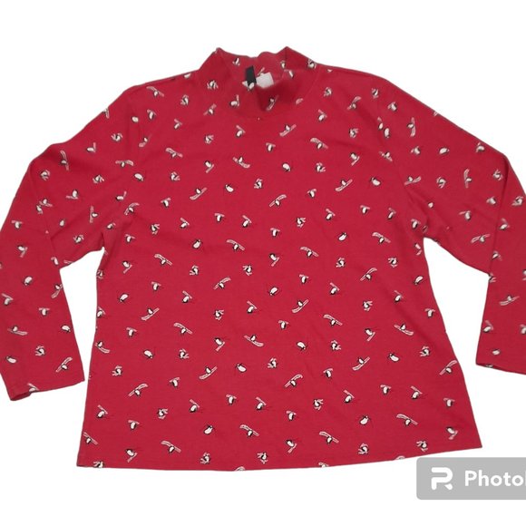 Karen Scott Red Penguin Mock Neck Shirt - Picture 2 of 5